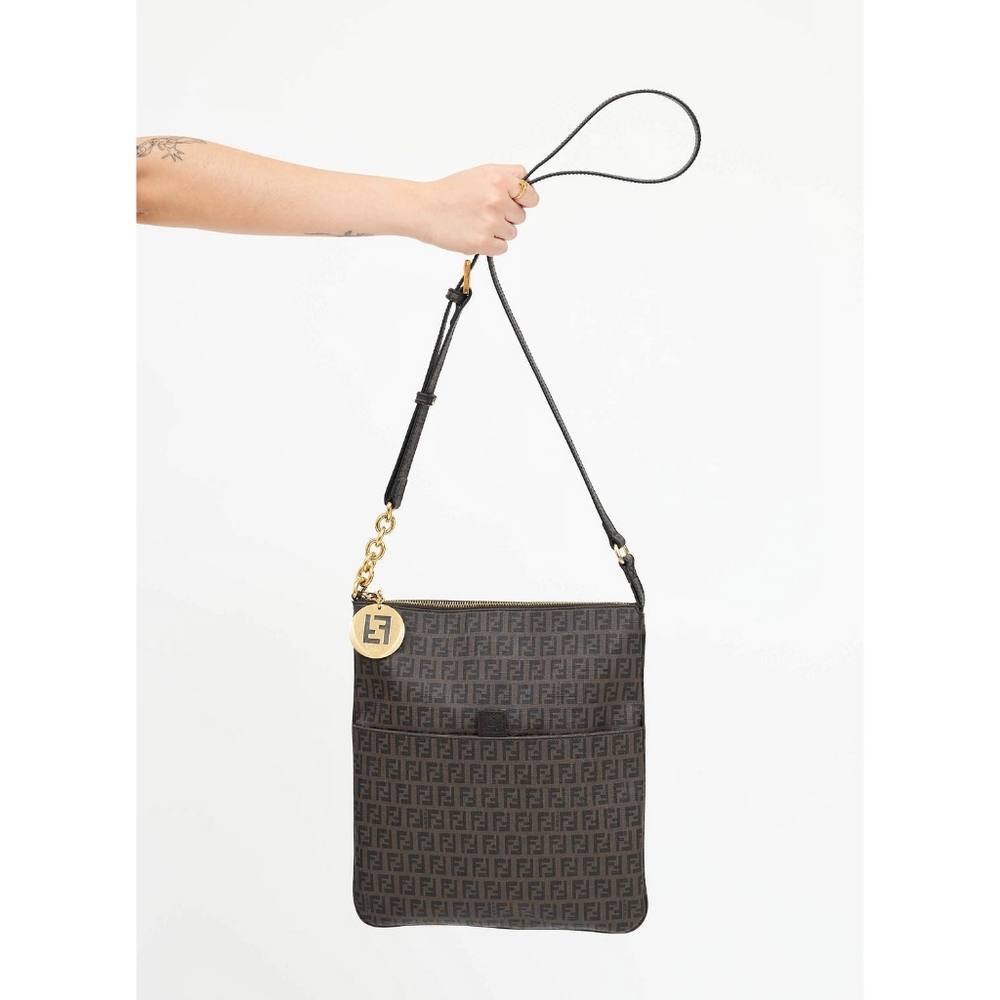 Vintage Fendi Zucchino Coated Canvas Charm Dark Brown Crossbody Bag